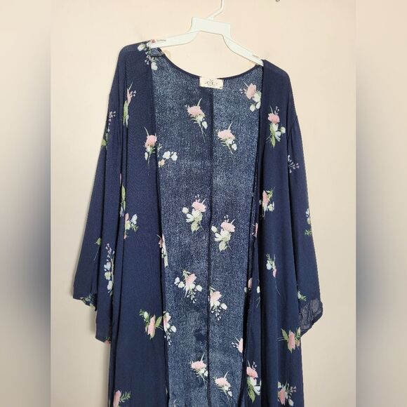 Hopely Navy Floral Kimono Duster Shrug Lightweight Bohemian Indie Gypsy Medium - Picture 2 of 12